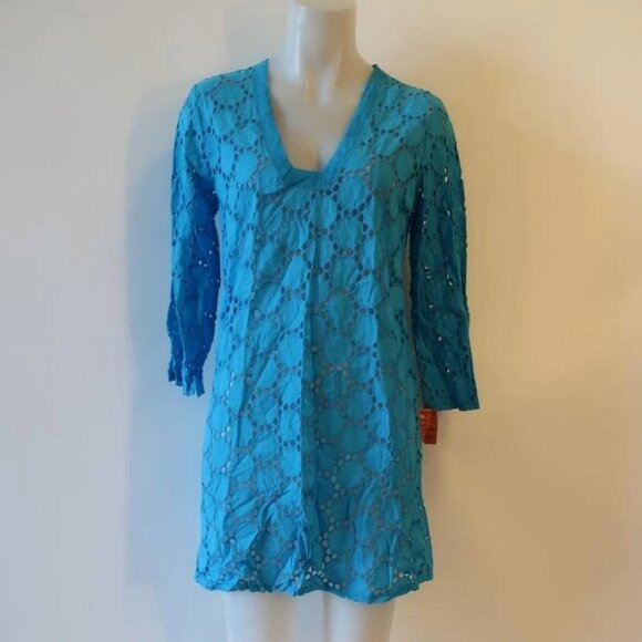 NWT Womens Jordan Taylor Aqua Blue Semi-Sheer V-Neck Swim Cover-Up Tunic Top M * - Picture 6 of 9